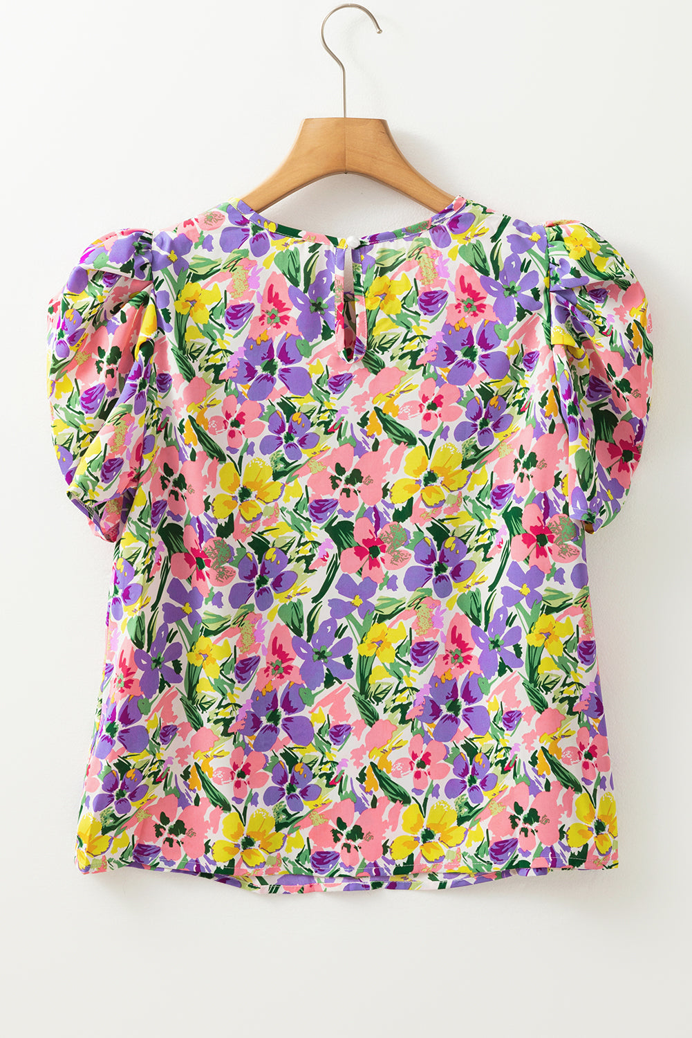 Purple Floral Print Puff Short Sleeve Crew Neck Blouse