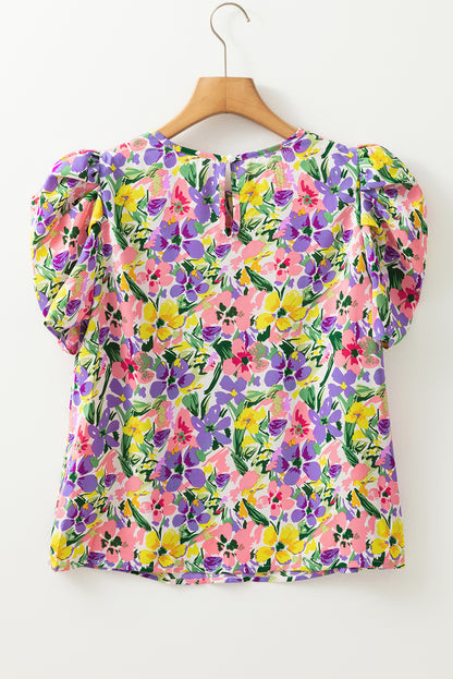 Purple Floral Print Puff Short Sleeve Crew Neck Blouse
