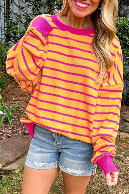 Orange Stripe Trimmed Round Neck Drop Shoulder Loose Sweater - Chic Meadow Boutique 