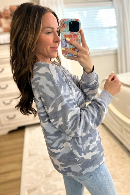 Multicolour Camouflage Long Sleeve Round Neck Shift Pullover Top