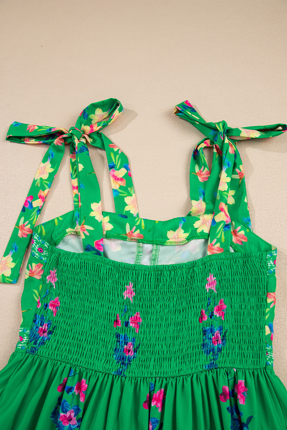 Green Floral Print Contrast Trim Knotted Straps Midi Dress