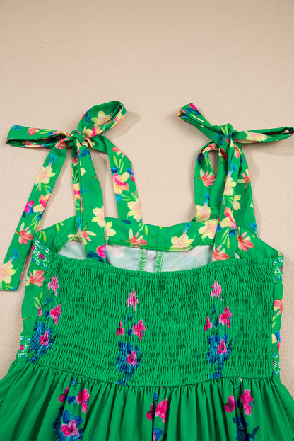 Green Floral Print Contrast Trim Knotted Straps Midi Dress