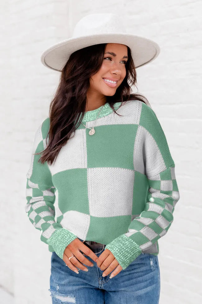 Mint Green Checkered Print Drop Shoulder Sweater - Chic Meadow Boutique 