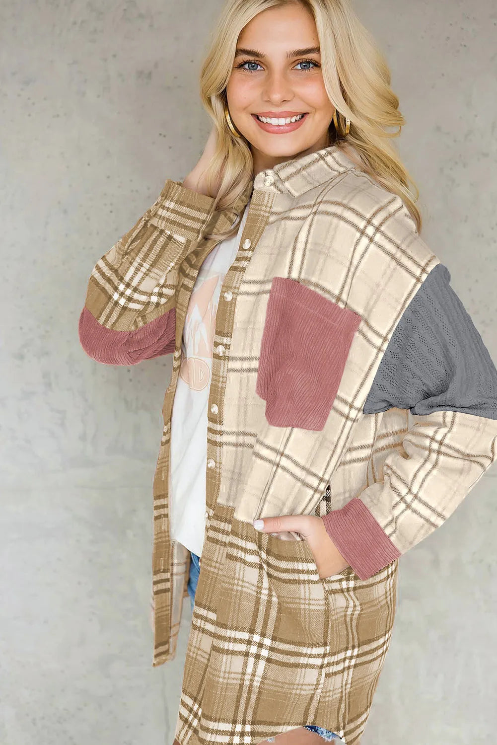 Pink Plaid Color Block Patchwork Shirt Jacket with Pocket - Chic Meadow Boutique 