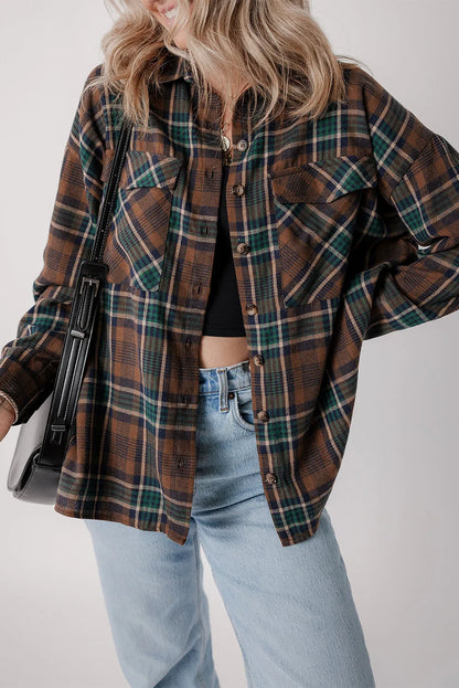 Brown Plaid Print Chest Pockets Buttoned Shirt Jacket - Chic Meadow Boutique 