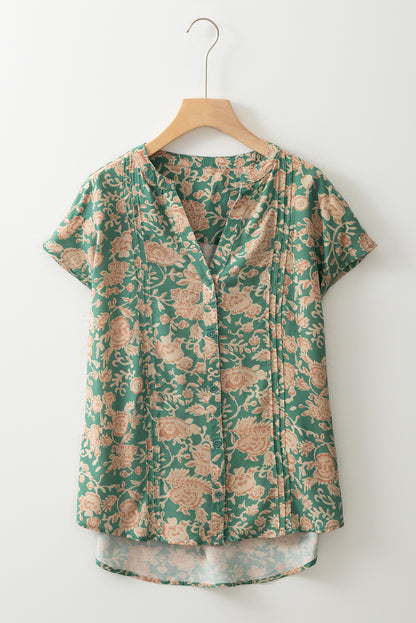 Green Floral Print Pleated Buttoned V Neck Short Sleeve Blouse
