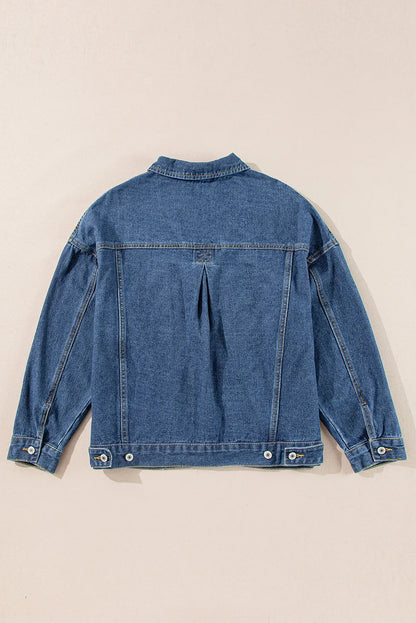 Dark Blue Washed Oversize Pocketed Denim Jacket - Chic Meadow Boutique 