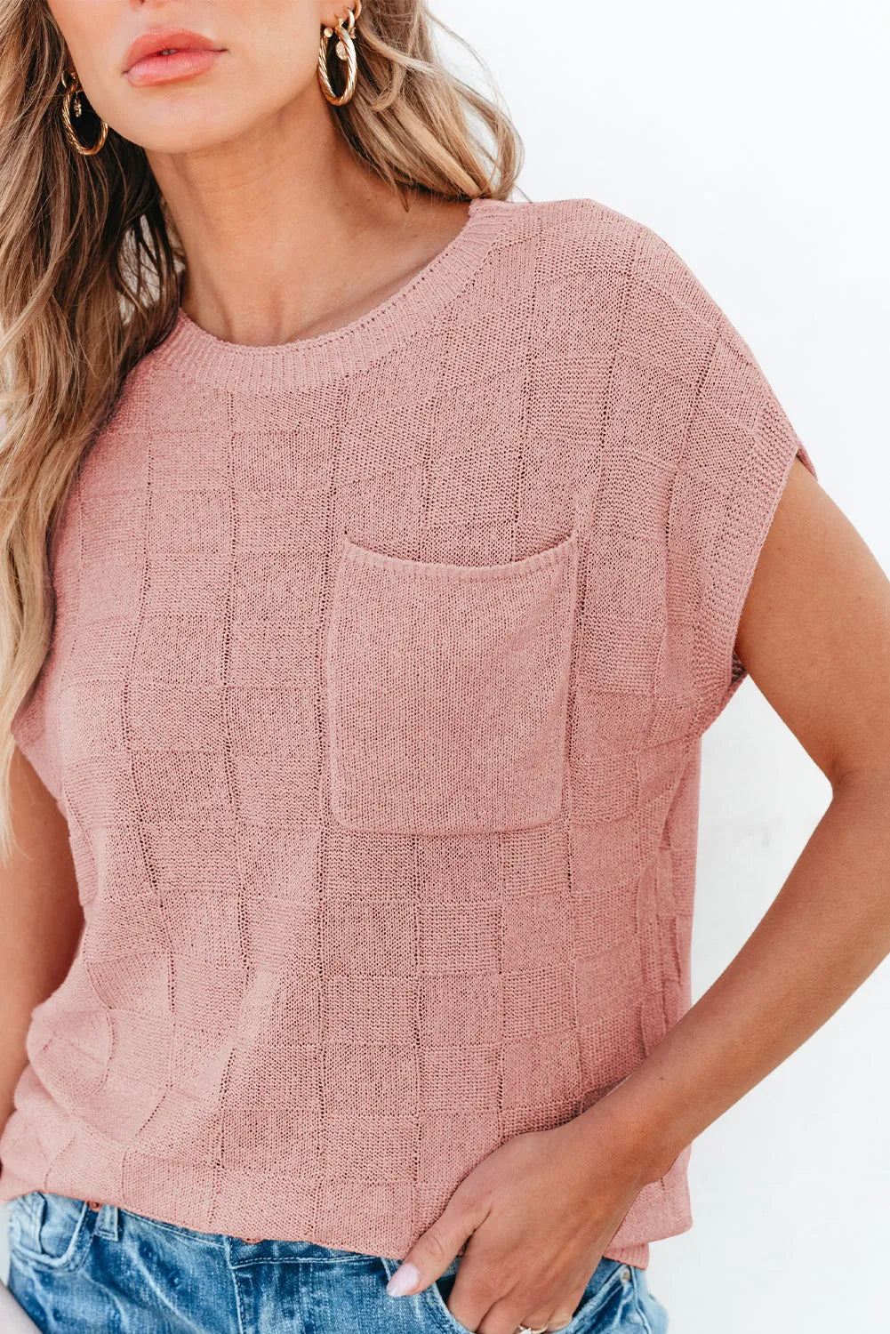 Dusty Pink Lattice Textured Knit Short Sleeve Sweater - Chic Meadow Boutique 