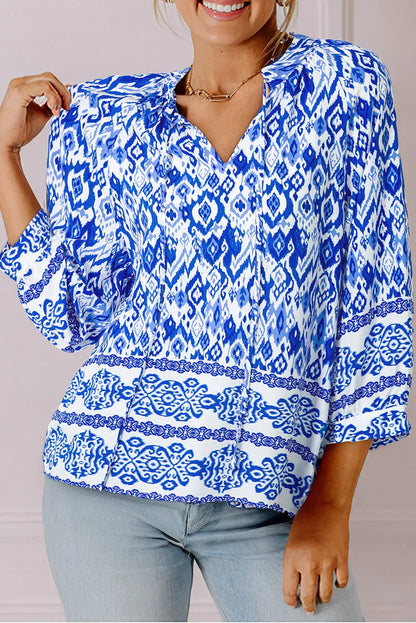 Blue Boho Printed 3/4 Sleeve Tied Neck Blouse - Chic Meadow Boutique 