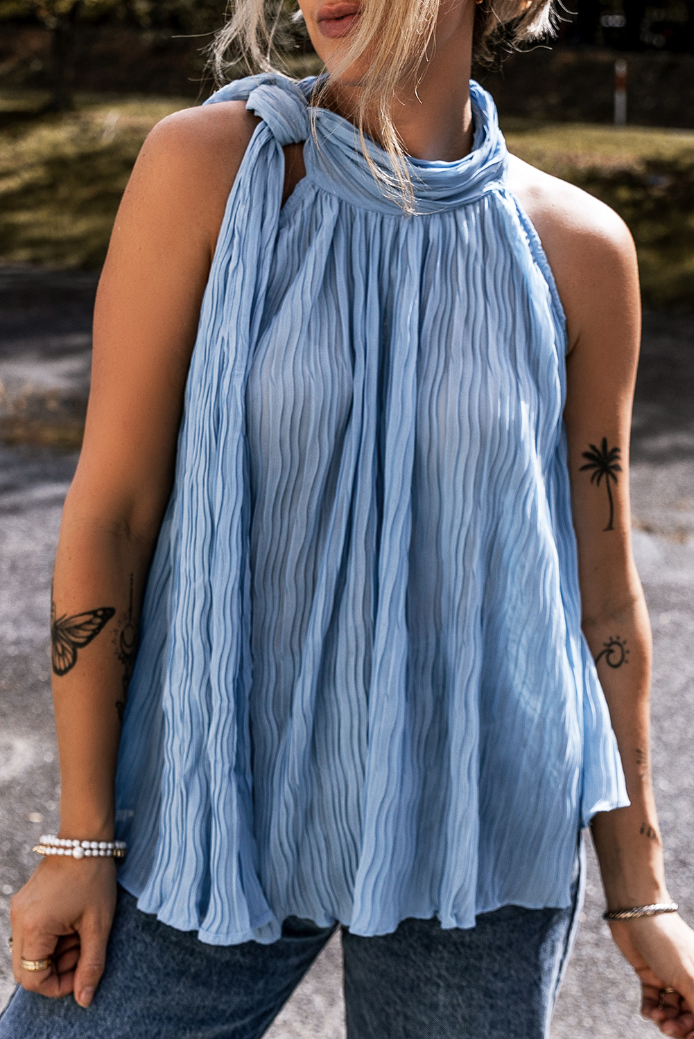 Myosotis Textured Pleated Tied Mock Neck Flowy Tank Top