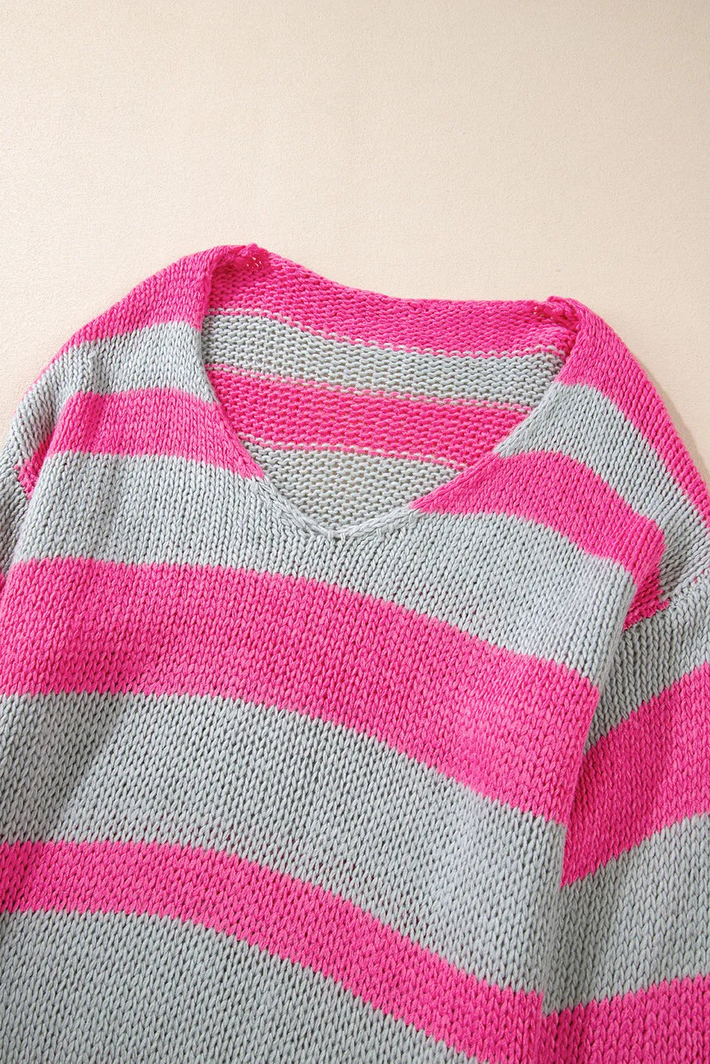 Rose Striped Colorblock Knit V Neck Loose Fit Sweater - Chic Meadow Boutique 