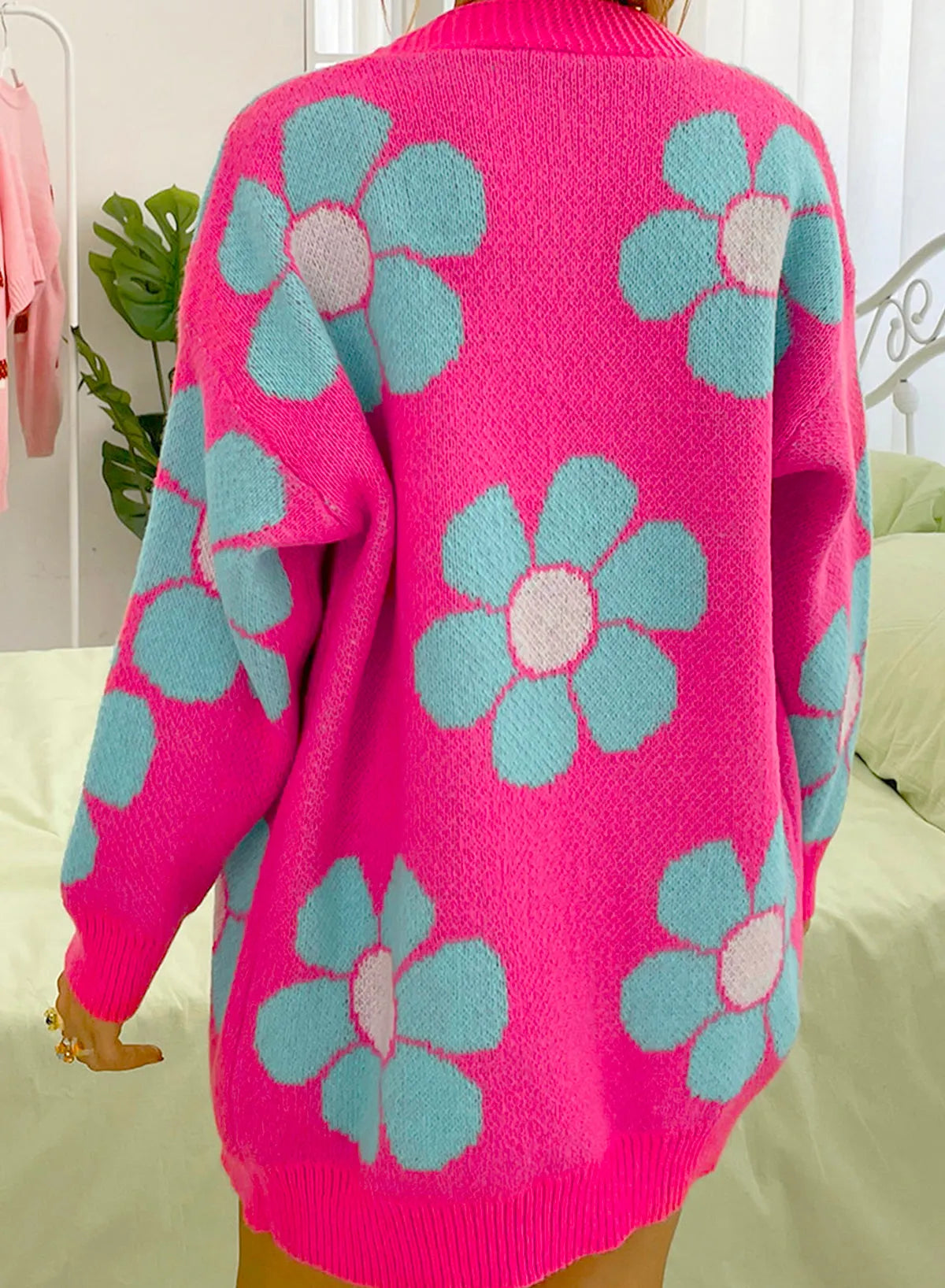 Strawberry Pink Floral Print Button up Knitted Cardigan - Chic Meadow Boutique 