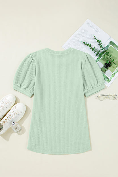 Mist Green Textured Round Neck Short Puff Sleeve Top