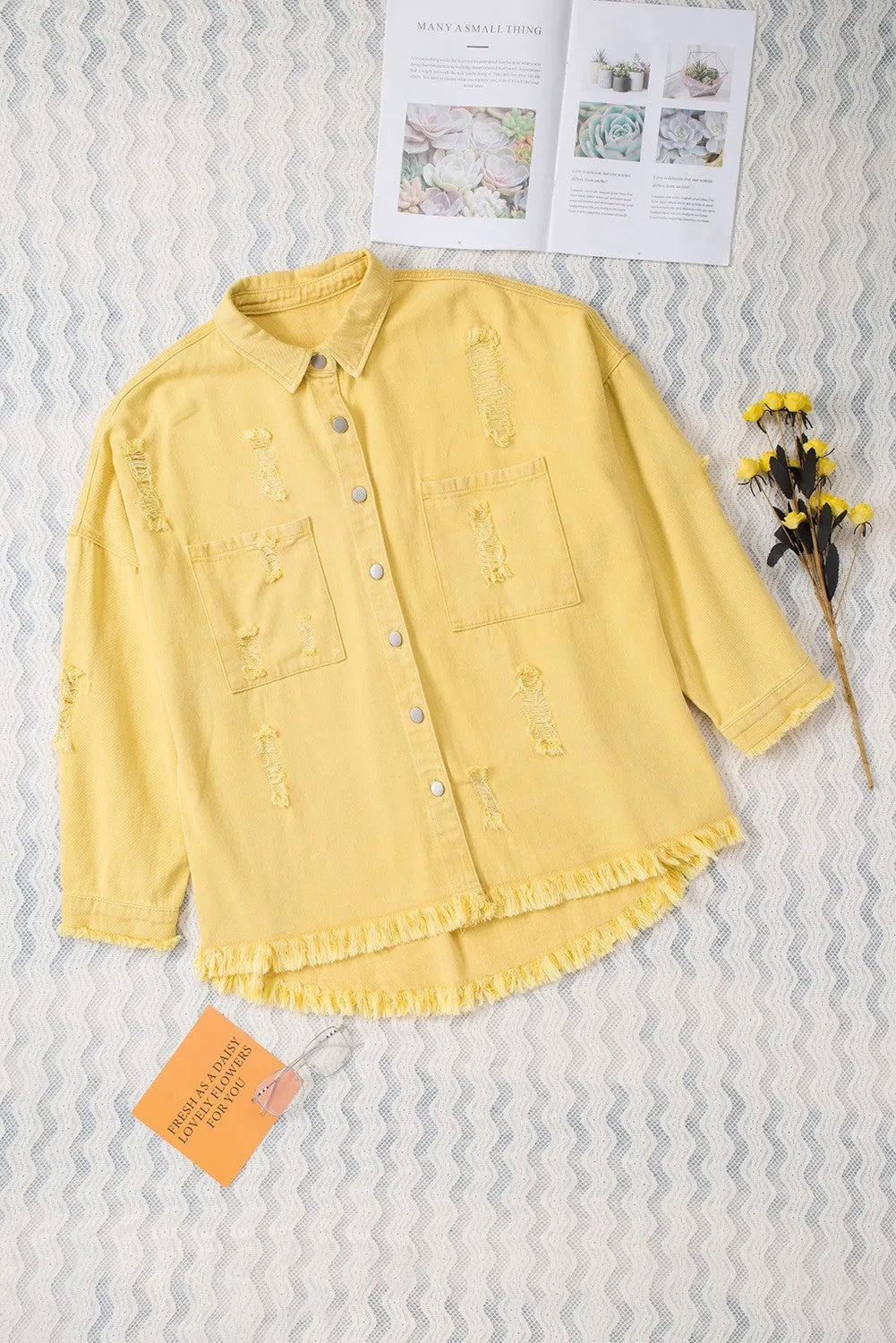 Yellow Distressed Fringe Trim Denim Jacket - Chic Meadow Boutique 