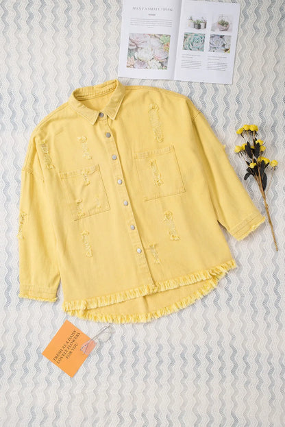 Yellow Distressed Fringe Trim Denim Jacket - Chic Meadow Boutique 