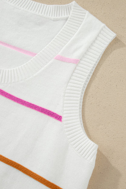 White Stripe Round Neck Knitted Sweater Tank