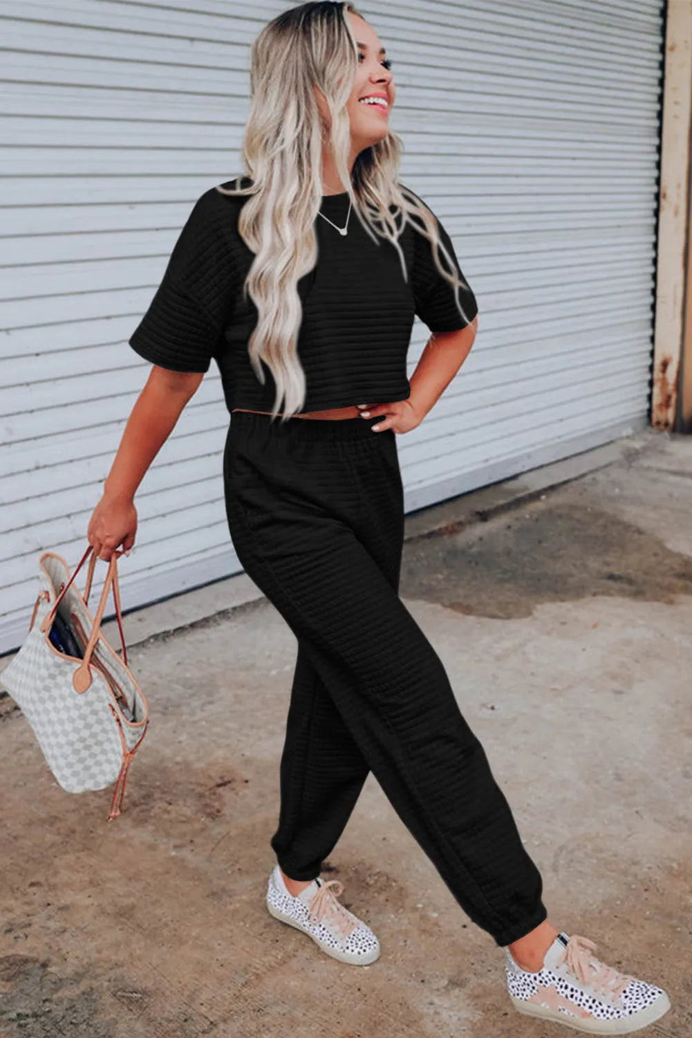 Black Lattice Textured Cropped Tee and Jogger Pants Set - Chic Meadow Boutique 