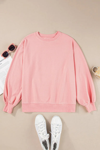 Pink Loose Drop Shoulder Ribbed Sweatshirt - Chic Meadow Boutique 