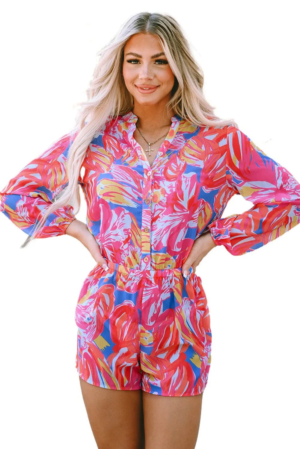 Multicolor Bold Graffiti Print Shirt Button Romper - Chic Meadow Boutique 