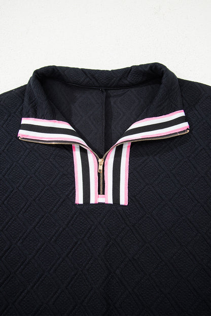 Color black Striped Collared Zip up Textured Skirt Set