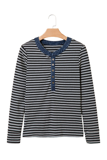 Gray Stripe Denim Contrast Collar Half Button Long Sleeve Top