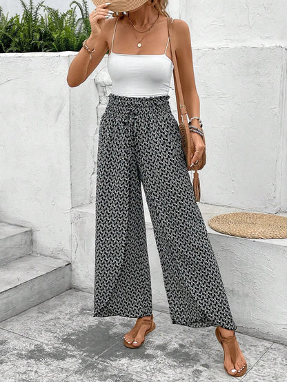 Black Bohemian Print Slit Wide Leg Smocked High Waist Pants