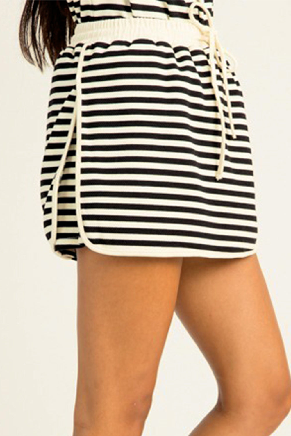 Black Stripe Textured Drop Shoulder Pullover Top Drawstring Mini Skirt Two Piece Dress Set