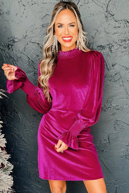 Rose Red Smocked Mock Neck Ruffled Puff Sleeve Velvet Mini Dress - Chic Meadow Boutique 