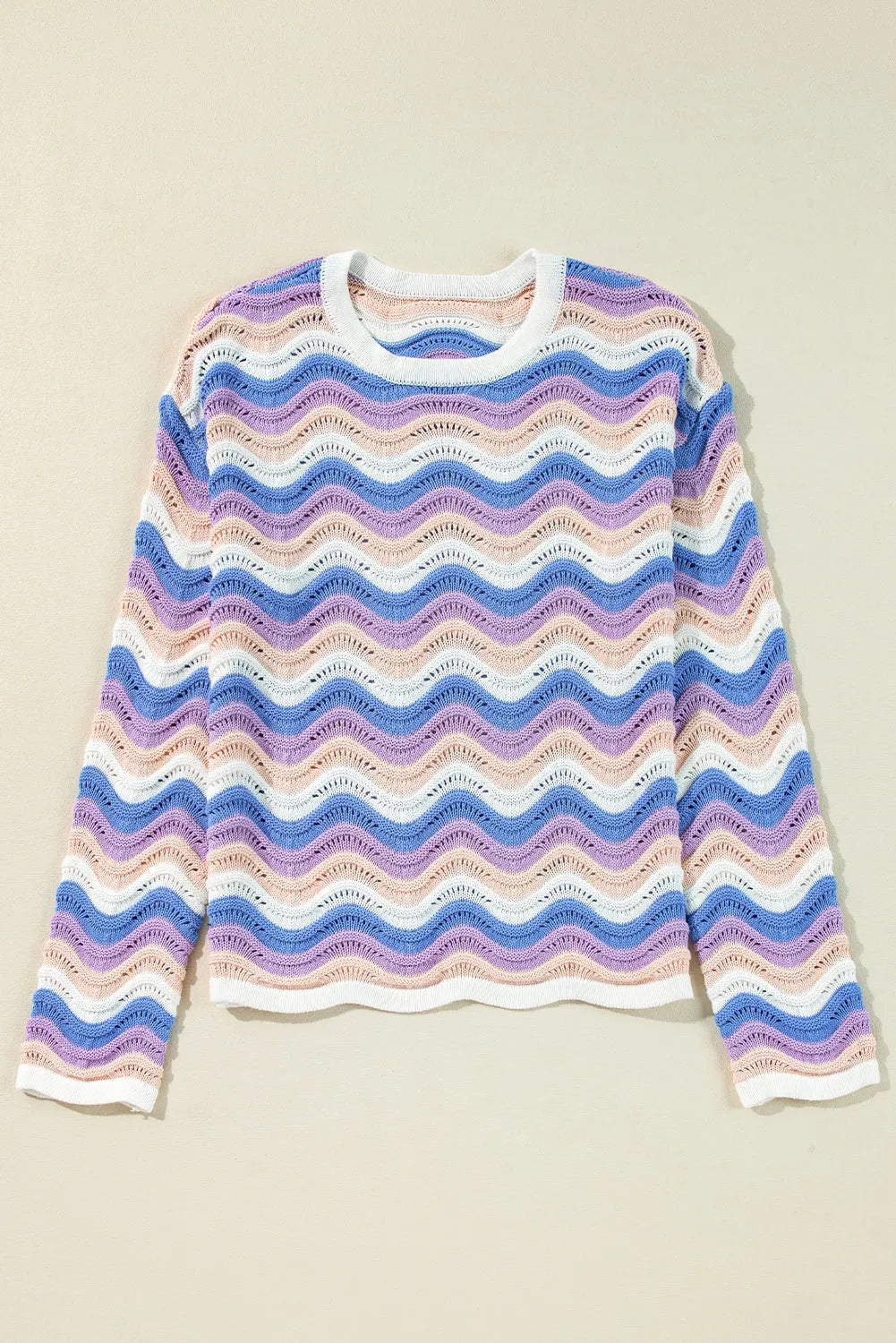 Purple Stripe Wavy Pointelle Knit Drop Shoulder Sweater - Chic Meadow Boutique 