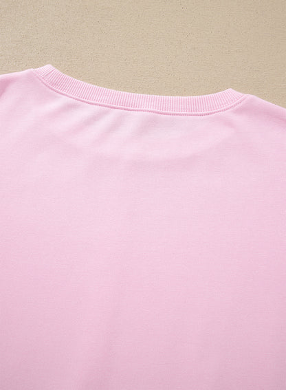 Pink Solid Color Raw Seam Lace Detail Loose Casual Sweatshirt