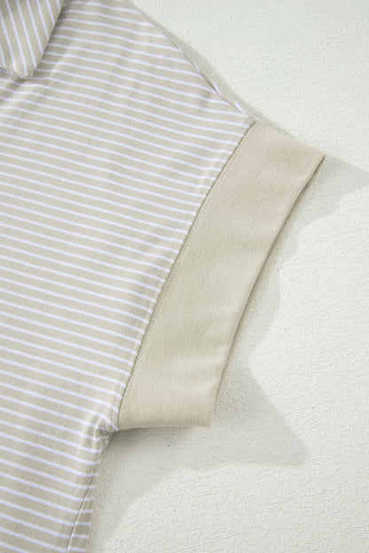 Khaki Stripe Dolman Sleeve Polo Shirt and Drawstring Shorts Set