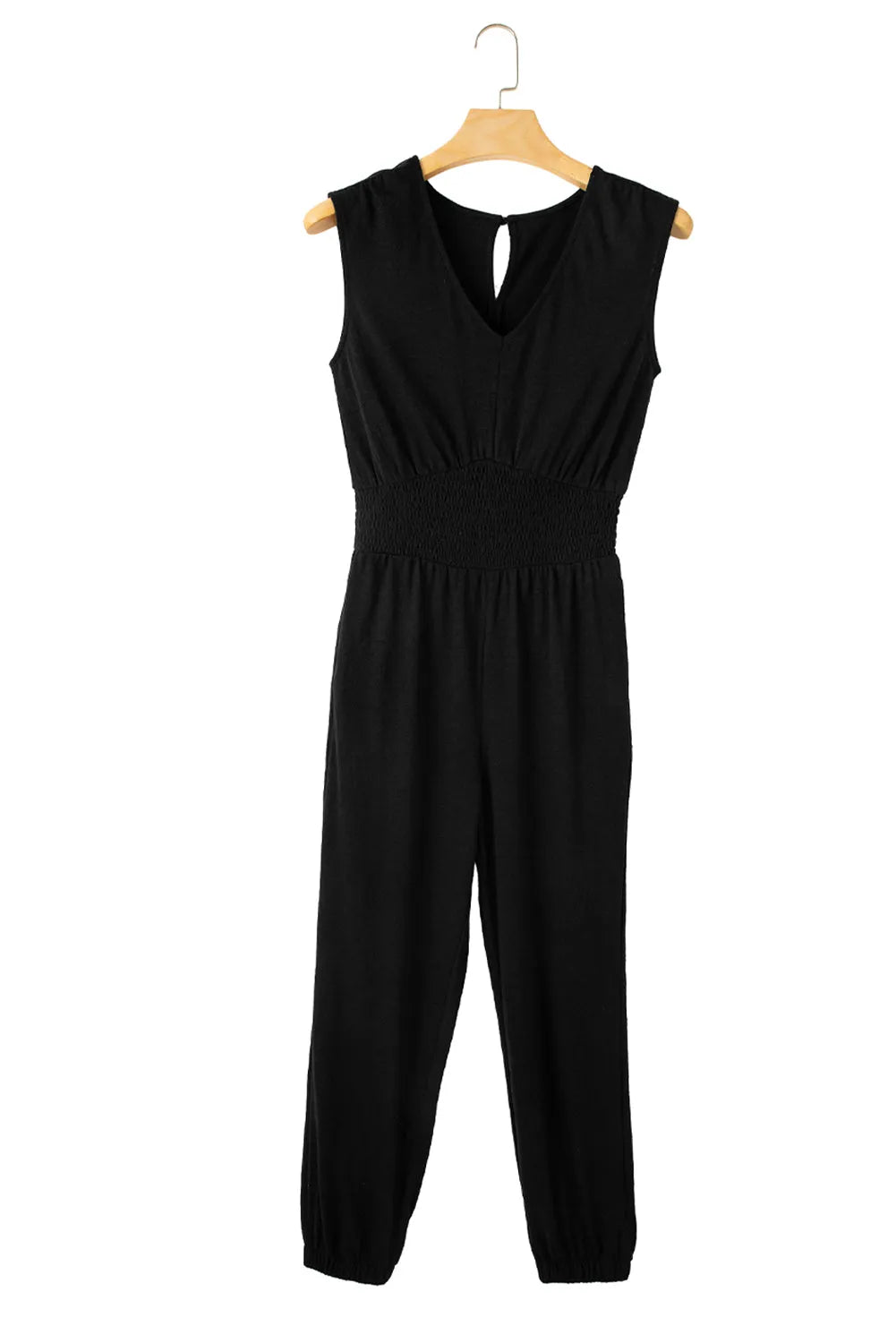 Black Shirred High Waist Sleeveless V Neck Jumpsuit - Chic Meadow Boutique 