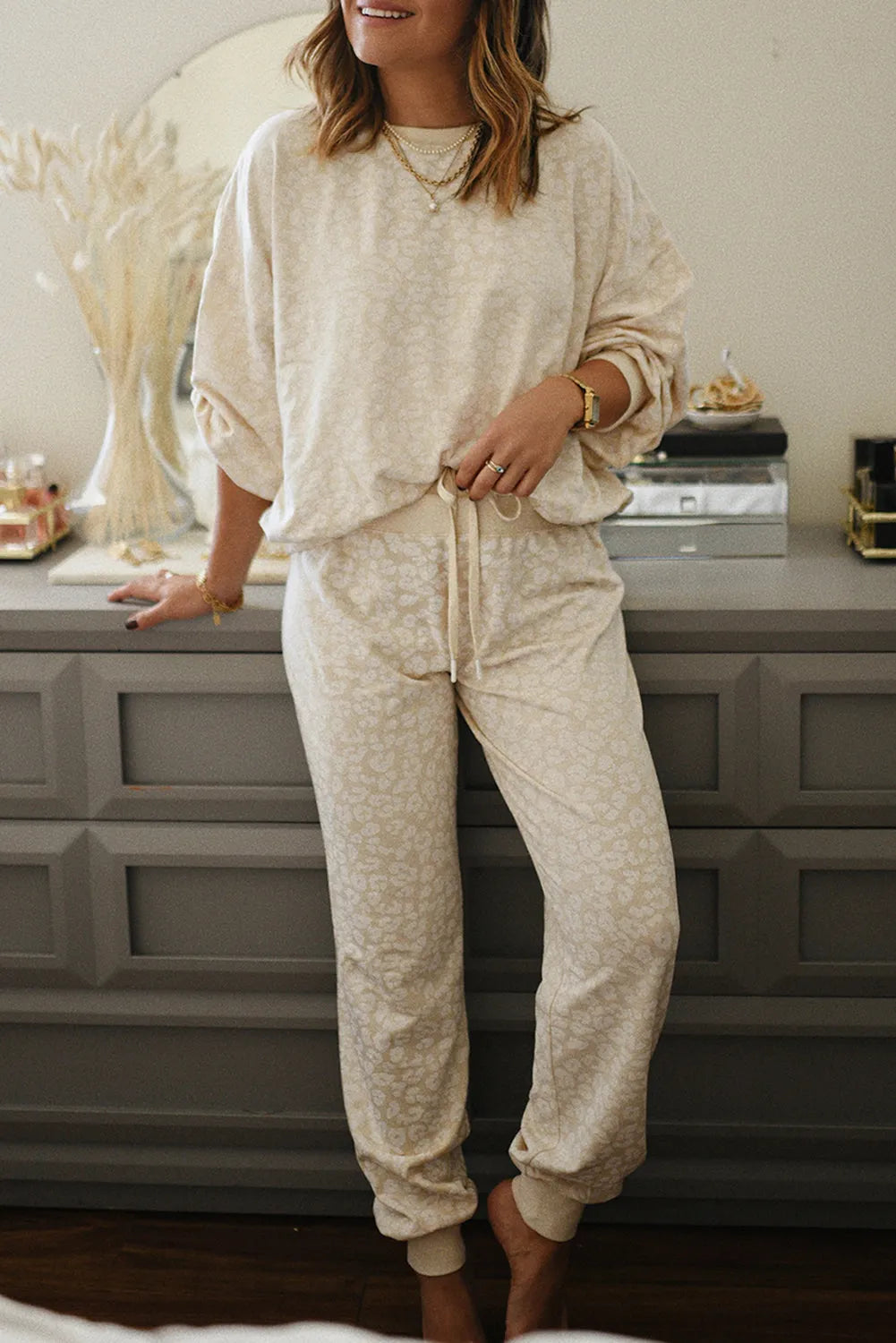 White Cheetah Print Two Piece Loose Fit Cozy Loungewear - Chic Meadow Boutique 