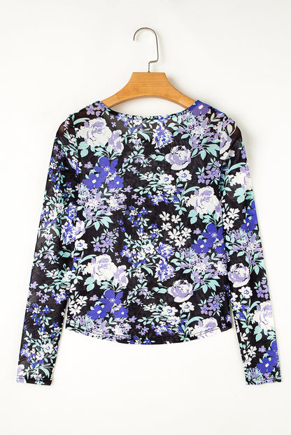 Black Floral Print Mesh Fitted Long Sleeve Top