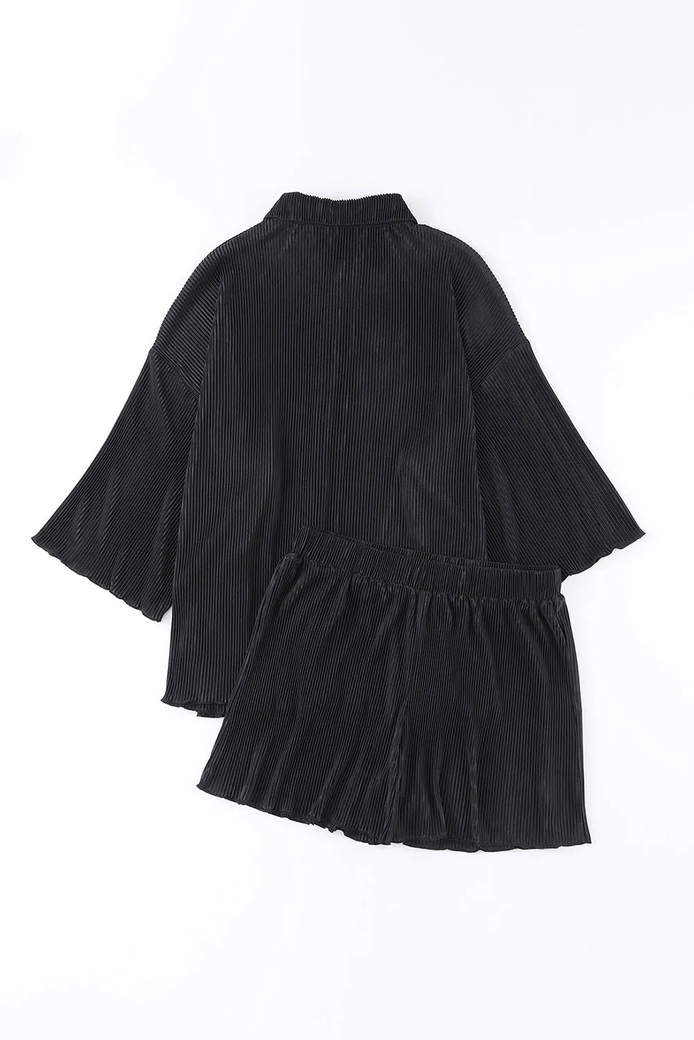 Black 3/4 Sleeves Pleated Shirt and High Waist Shorts Lounge Set - Chic Meadow Boutique 