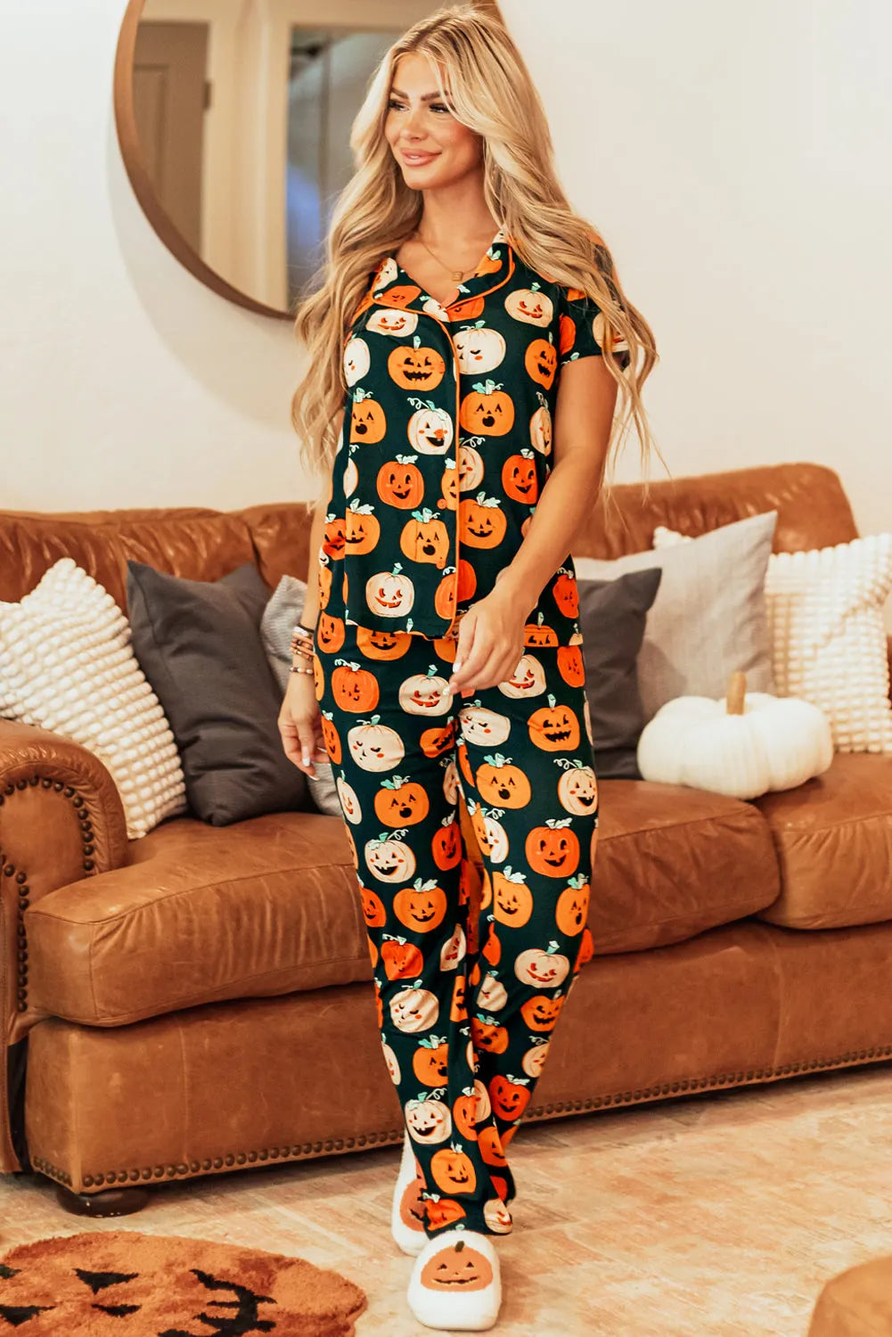 Orange Halloween Pattern Short Sleeve Shirt Pajama Set - Chic Meadow Boutique 