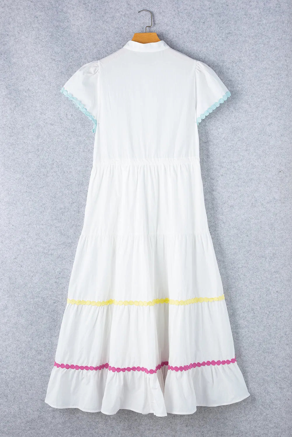 White Colorblock Rickrack Trim Short Sleeve Drawstring Waist Long Dress - Chic Meadow Boutique 