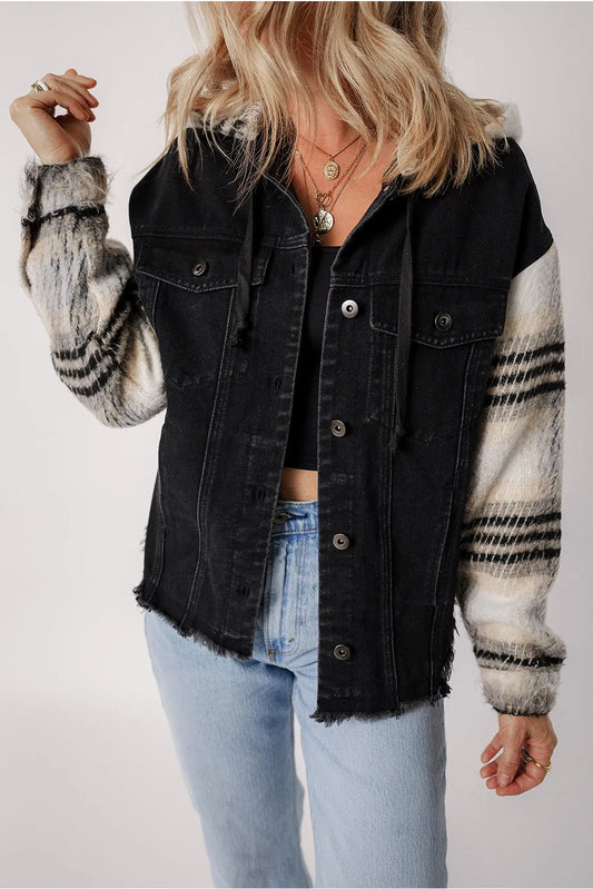 Black Plaid Sleeve Frayed Hem Hooded Denim Jacket - Chic Meadow Boutique 