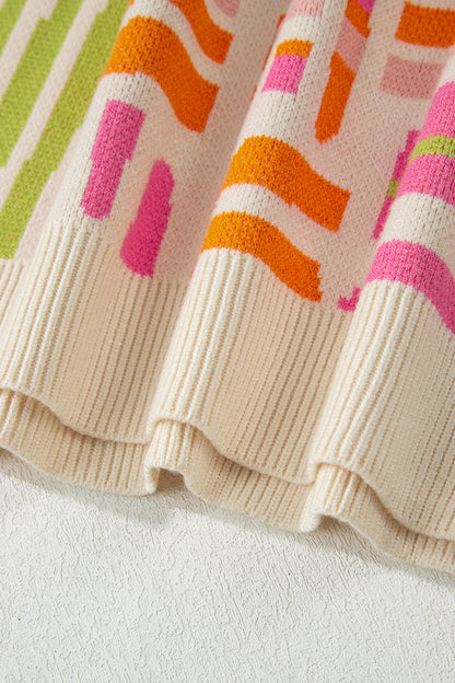 Rose Love Lines Pattern Crew Neck Puff Sleeve Sweater