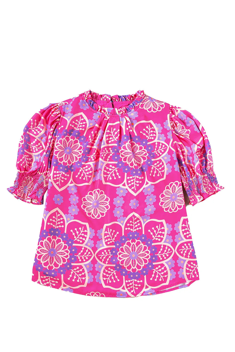 Rose Floral Print Frilled Neck Smocked Puff Sleeve Blouse - Chic Meadow Boutique 