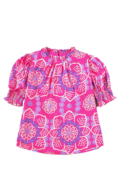 Rose Floral Print Frilled Neck Smocked Puff Sleeve Blouse - Chic Meadow Boutique 