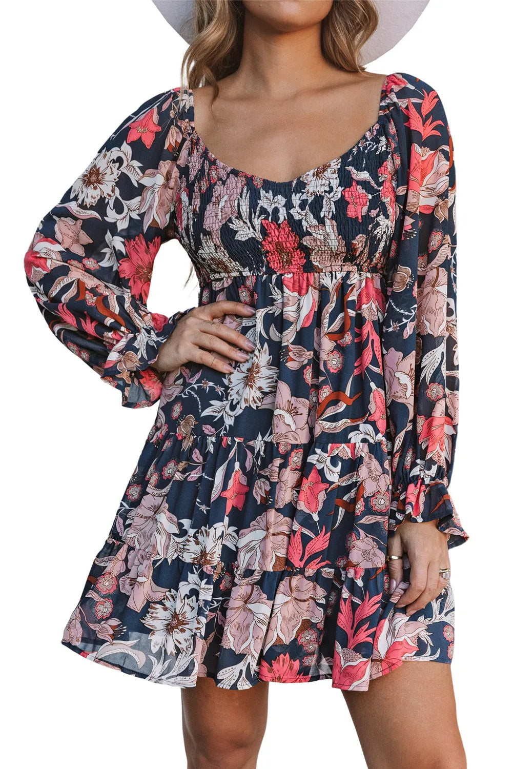 Blue Floral Tiered Long Puff Sleeve Mini Dress - Chic Meadow Boutique 