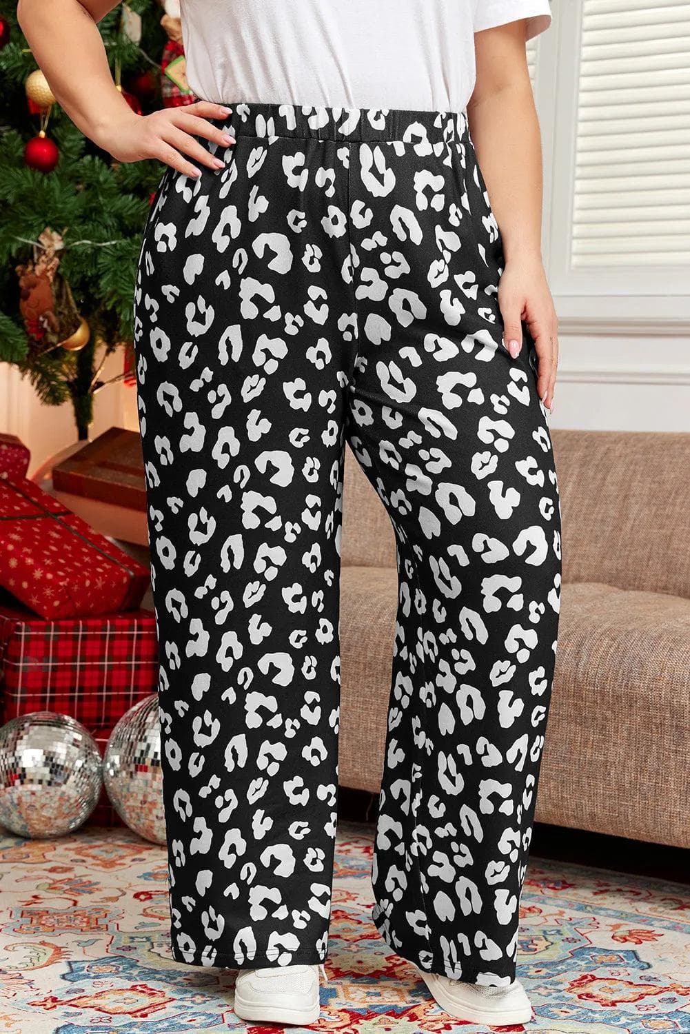 Plus Size/Plus Size Bottoms Leopard Leopard Print Wide Leg Pockets Plus Size Pants