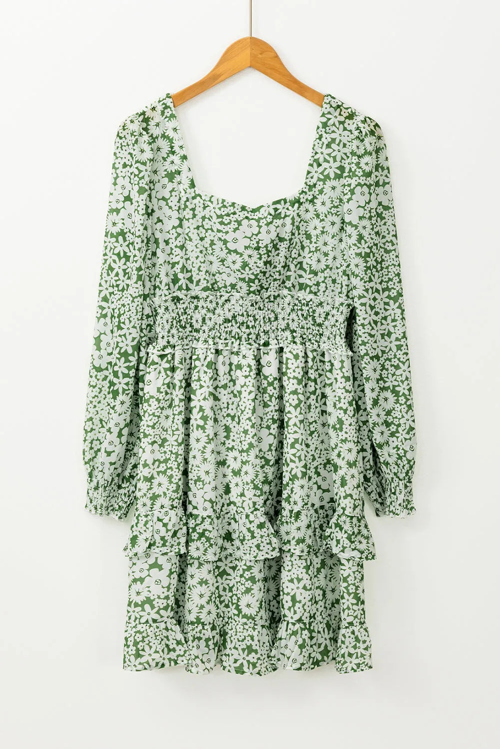 Green Floral Print Square Neck Shirred Waist Tiered Ruffled Mini Dress - Chic Meadow Boutique 