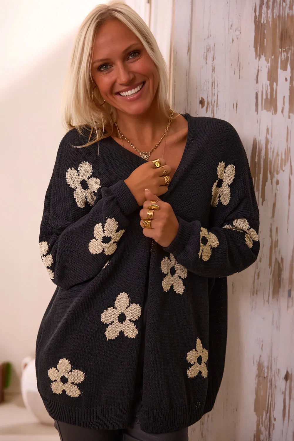 Black Floral Print Knitted Open Front Loose Cardigan - Chic Meadow Boutique 