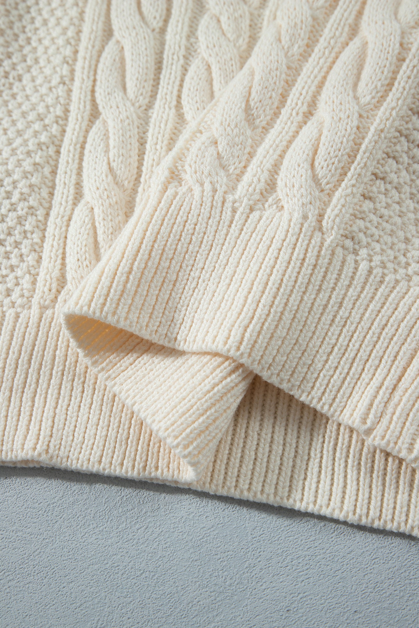 Beige Drop Shoulder Round Neck Cable Knit Sweater