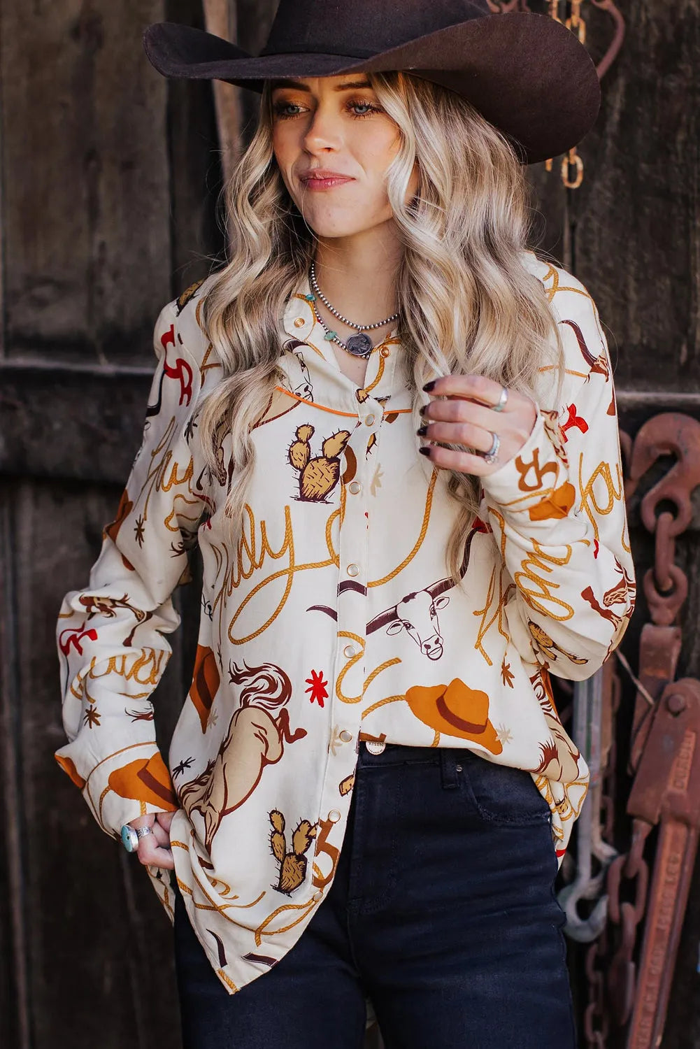 Beige howdy Western Patterns Button up Loose Shirt - Chic Meadow Boutique 