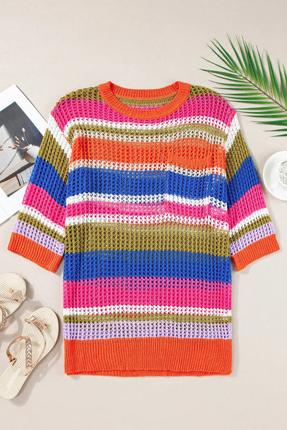 Orange Stripe Colorblock Hollowed Crochet 3/4 Sleeve Sweater - Chic Meadow Boutique 