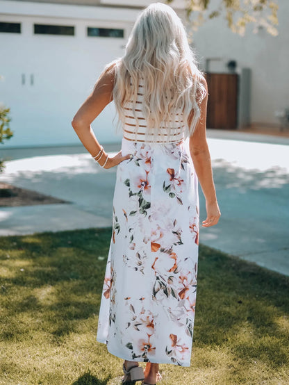 White Striped Floral Print Sleeveless Maxi Dress with Pocket - Chic Meadow Boutique 