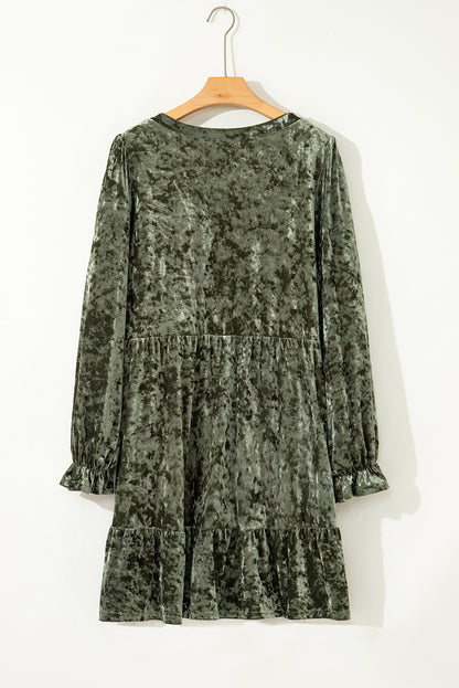 Jungle Green Plus Size Velvet Babydoll Mini Dress with Puff Sleeve
